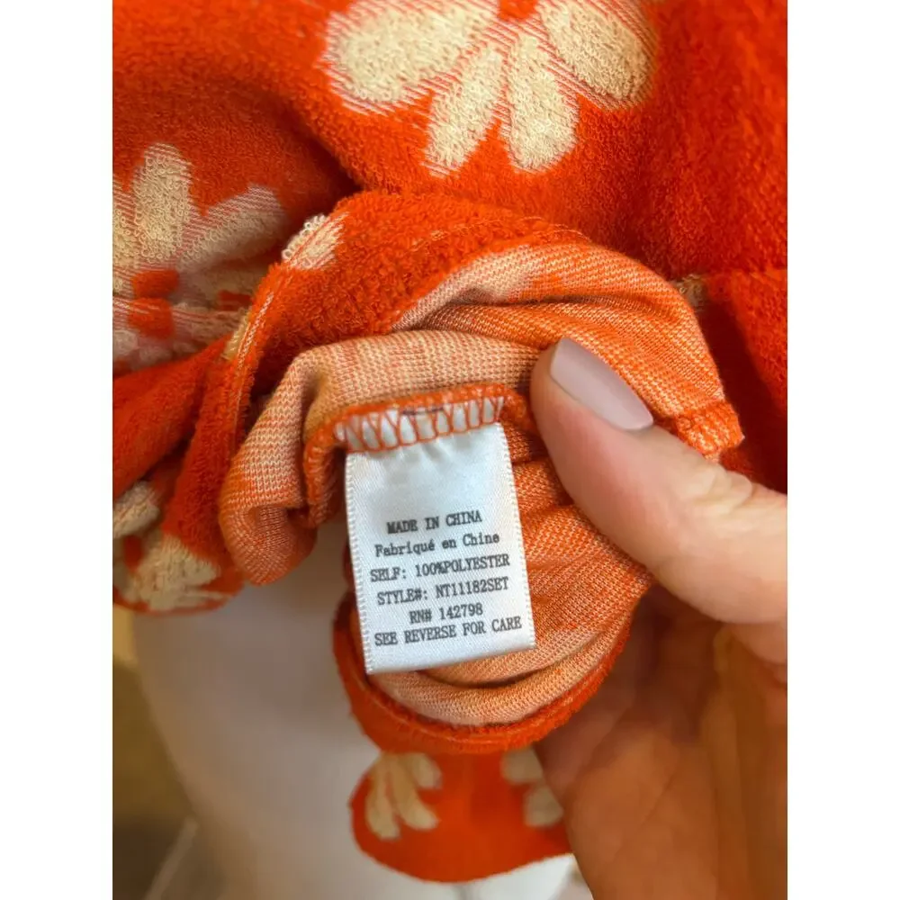 New In Orange Daisy Terry Cloth Short Top Set Swimsuit Coverup Women's Size M - Picture 8 of 9